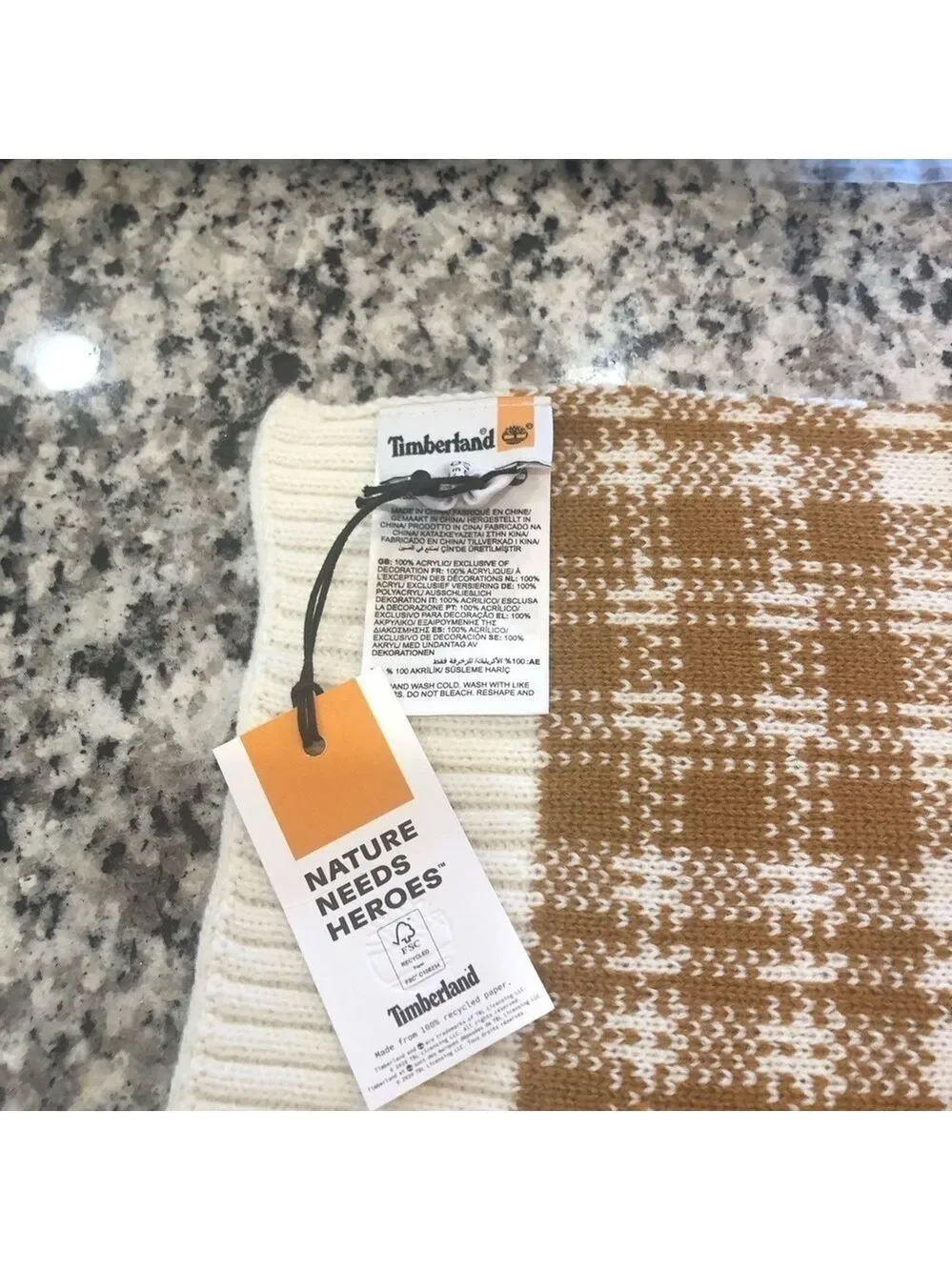 Timberland knit neck scarf. Caramel and white plaid. NWT